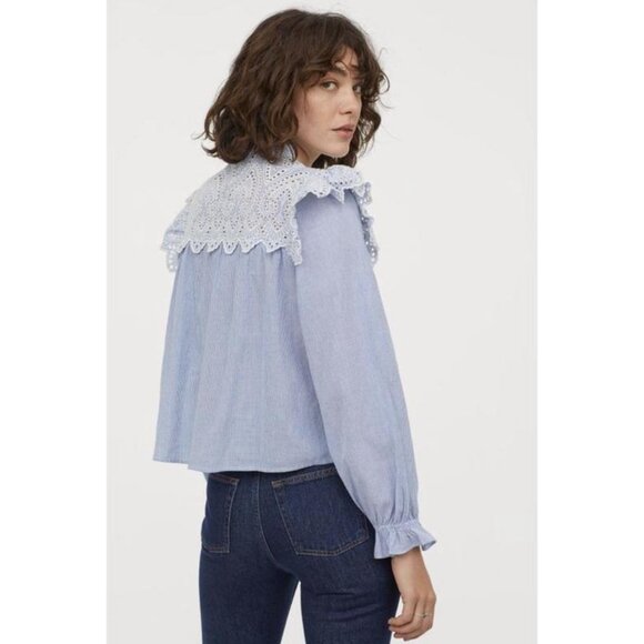 H&M Blouse Size 18 Button Front Long Sleeve Embroidered Lace Striped Blue White - Picture 2 of 12